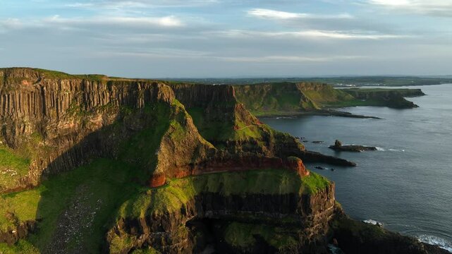 Giant's Causeway in Northern Ireland drone footage at sunset