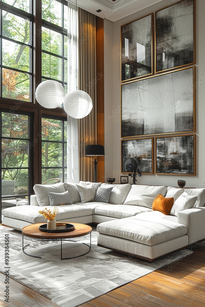 Canvas Prints This elegant living room features high ceilings, large windows, and immaculately arranged contemporary furniture, creating a sophisticated and inviting space.