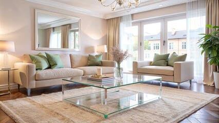 Fototapeta premium A sleek glass coffee table stands alone in the center of a spacious living room, bathed in soft natural light. The pastel-colored walls provide a calming backdrop, and the plush, cream-colored carpet