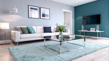 A minimalist living room is defined by a central glass table on a soft, off-white carpet. The walls, in a gentle pastel blue-green, offer a tranquil setting, perfect for relaxation. The room is free