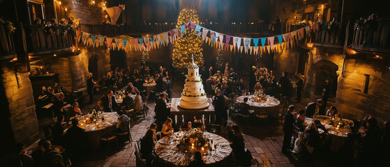 Fototapeta premium A festive banquet scene featuring elegant tables, a towering cake, and celebratory decorations in a warm, inviting venue.