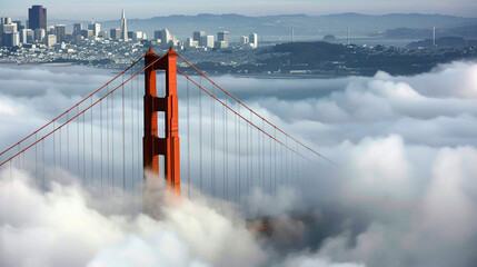 The Golden Gate Bridge partially shrouded in the famous San Francisco fog, with its red towers piercing through the mist. The view is taken from a distance, showing the bridge spanning the bay