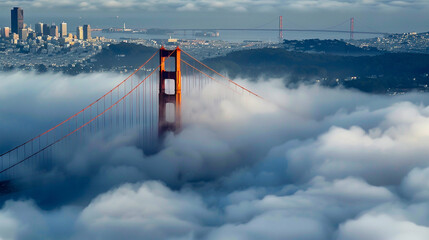 The Golden Gate Bridge partially shrouded in the famous San Francisco fog, with its red towers piercing through the mist. The view is taken from a distance, showing the bridge spanning the bay