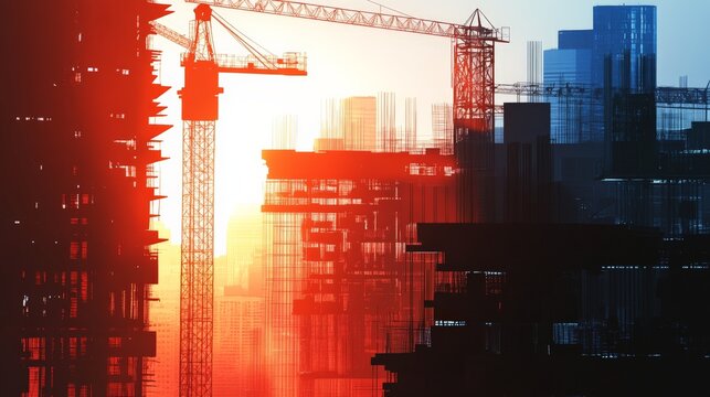 Sunset view of urban skyline with construction cranes and towering buildings, symbolizing growth and development in the city.