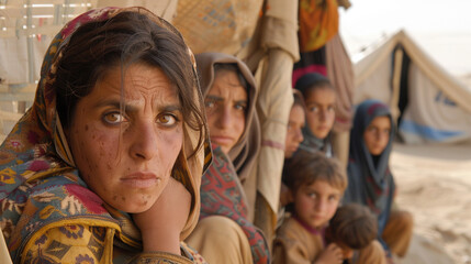 Fototapeta premium A refugee camp where women and children, who have fled religious violence, are huddled together in makeshift shelters. Their faces show fear and loss, and in the background.