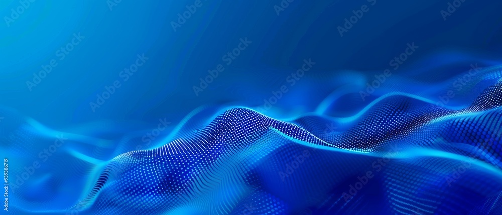 Poster This image portrays an abstract digital wave pattern flowing smoothly in shades of blue, evoking a sense of calm and serenity under a bright light.