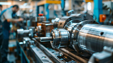 Naklejka premium A busy mechanical engineering workshop where engineers are building and testing mechanical components. 