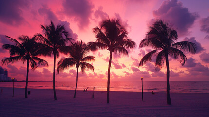 Naklejka premium A serene view of Miami Beach at sunrise, with palm trees silhouetted against the pink and orange sky. 