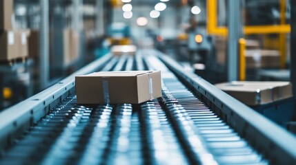 A cardboard box on a conveyor belt in a warehouse setting.