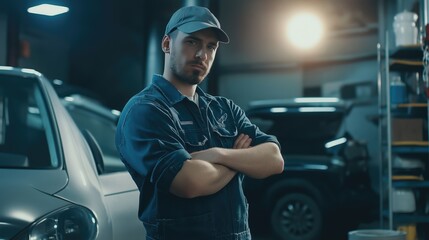 A male worker stands confidently with arms crossed in a well-lit car repair shop, showcasing his professionalism and dedication to the work