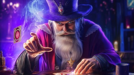 An enigmatic wizard in a purple robe focuses intently as he casts a spell, surrounded by glowing tarot cards and mystical artifacts in a shadowy setting