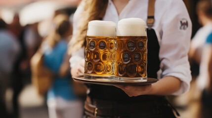A cheerful young woman skillfully carries a tray filled with two frothy beer mugs, enjoying the vibrant atmosphere of Oktoberfest festivities