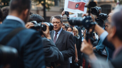 A press conference where a disgraced government official is resigning in the wake of a corruption scandal. The official looks downcast, surrounded by reporters taking notes and flashing cameras.