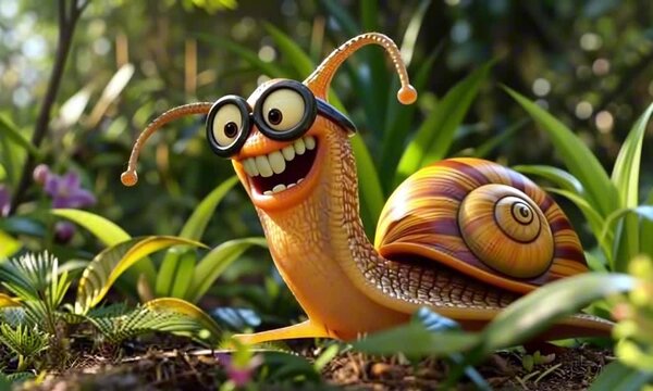Cheerful cartoon snail character with big eyes in vibrant colors representing slowness and patience