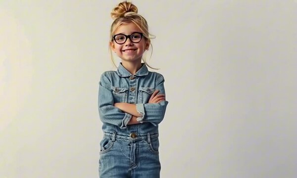 Confident young girl with glasses in denim outfit against white background with copy space