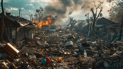 A destroyed residential area, with collapsed houses and burning wreckage. Abandoned toys and personal belongings are scattered among the debris.