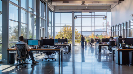 The interior of a modern tech office in Silicon Valley, with young professionals working on computer