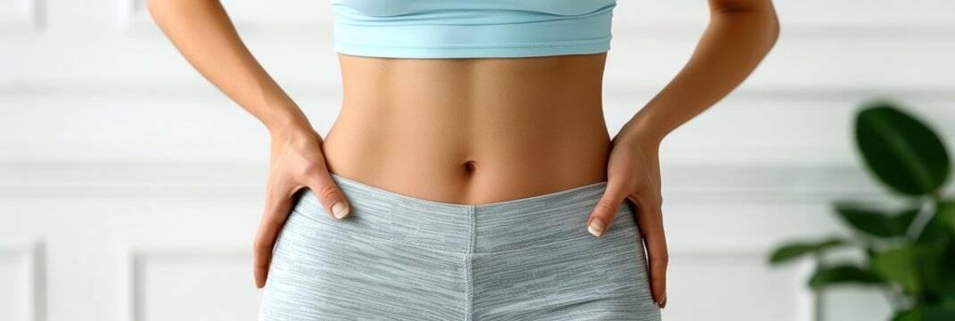 Close-up of a woman's toned midsection in workout attire. Fitness, health, and active lifestyle concept with neutral background.