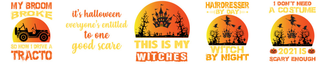 Colourful Halloween Typographic Emblems, Labels And Badges Set Vector Illustration for Motion Graphics, Newsletter, T-Shirt Design