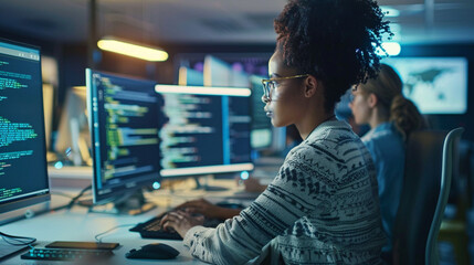 A modern office environment where software engineers are working on code development. The focus is on a diverse group of engineers collaborating on a project.