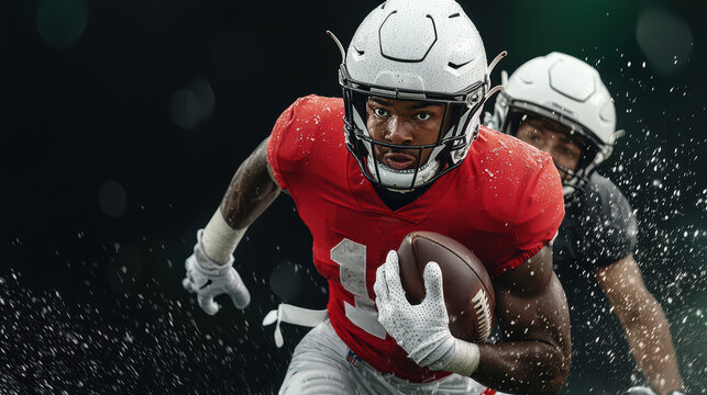 Intense action of football player sprinting with ball, showcasing determination and focus in dynamic environment. 