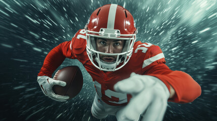 Intense football player reaching out with determination, wearing red uniform and helmet, ready for action. 