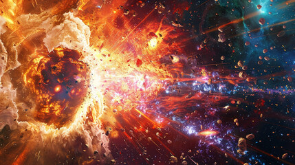 A vivid depiction of a supernova explosion in a distant galaxy, with brilliant colors and intense light radiating outward. 