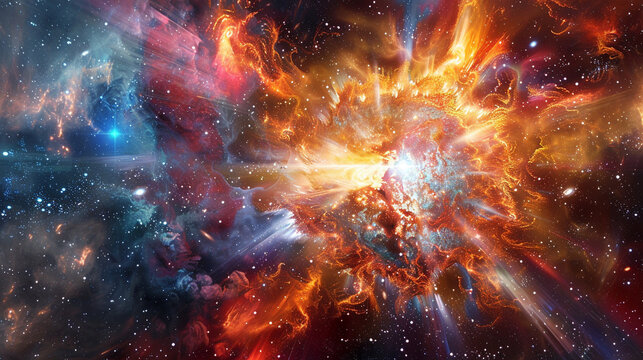 A vivid depiction of a supernova explosion in a distant galaxy, with brilliant colors and intense light radiating outward. 