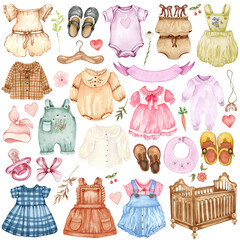 It's a girl clipart. Watercolor Illustration set of nursery for baby girl