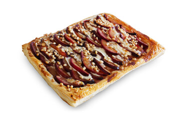 Fresh and delicious pie with plums and nuts.