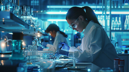 A futuristic laboratory where women scientists and engineers are leading groundbreaking research. 