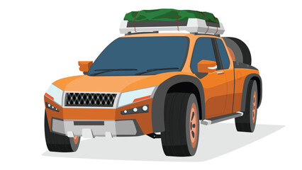 Perspective of car camping by pickup car orange color. with luggage on rack top roof of car. Spare tire on the bed of the truck. on isolated white background.