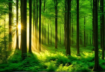 Fototapeta premium rays of light in the forest, Beautiful rays of sunlight in a green forest.