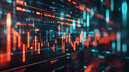 Fototapeta premium Abstract financial graph with digital data on screen, showcasing market trends and futuristic technology in a colorful interface.
