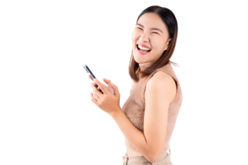 Happy and excited young woman using mobile phone standing over isolated on white background and copy space Young girl using smartphone for shopping online chat and texting message She get surprised	