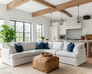 Modern Farmhouse Living Room with Exposed Beams and White Sectional Sofa Wide Angle Perspective