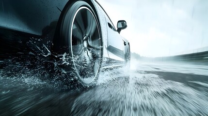 Speeding Car Navigating Wet Road with Splash and Traction