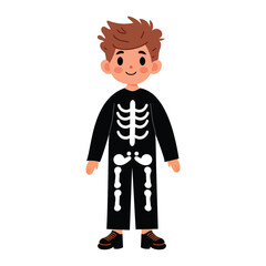 Cute kid dressed up in a skeleton carnival costume. Child in festive outfit for Halloween. Flat graphic vector illustration isolated on white background.