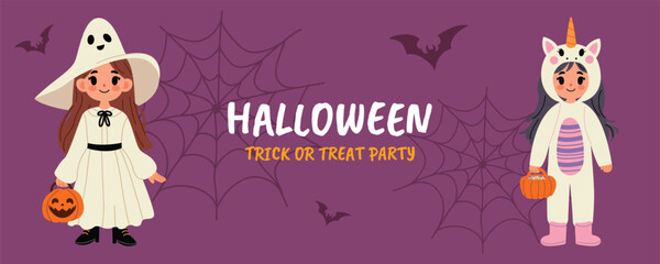 Horizontal Halloween poster with kids in ghost and unicorn costumes. Halloween banner design template. Children flat graphic vector illustration isolated on purple background.