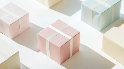 Fototapeta premium minimalist pastel gift boxes on geometric shapes background