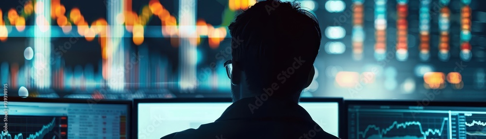 Poster analyst working with financial data on multiple screens, focusing on stock market charts and graphs 