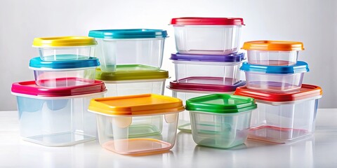 Clear plastic storage containers with colored lids for easy organization and storage in home or office setting