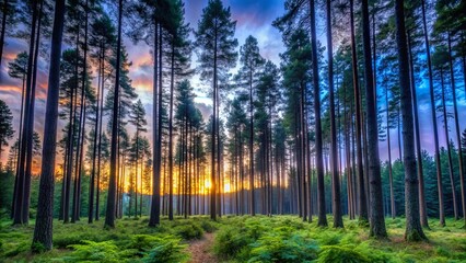Obraz premium Dusk in a dense forest in England with tall thin trees, creating a twilight atmosphere in nature