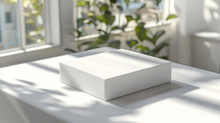 A minimalist white rectangular box sits on a sunlit table with blurred green plants and a window in the background, ideal for product presentations, branding, and packaging design visuals,