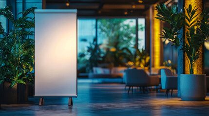 A well-lit blank roll-up banner stands in a modern, stylish office lobby with lush greenery and cozy seating areas, ideal for business promotions, advertisements, or informational displays,