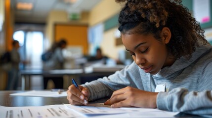 A teenager filling out forms at a vaccination center, preparing for the shot