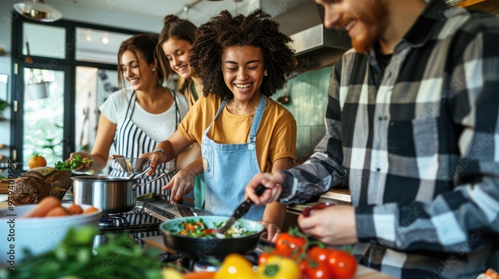 Wall mural a teenager cooking with friends, laughing and sharing the fun of creating a meal together