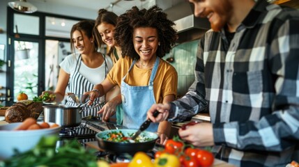 A teenager cooking with friends, laughing and sharing the fun of creating a meal together
