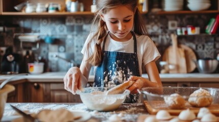 A teenager baking cookies, mixing ingredients, and enjoying the process