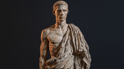 Close-up of an ancient Roman statue portraying a male figure draped in classical attire, set against a dark background.